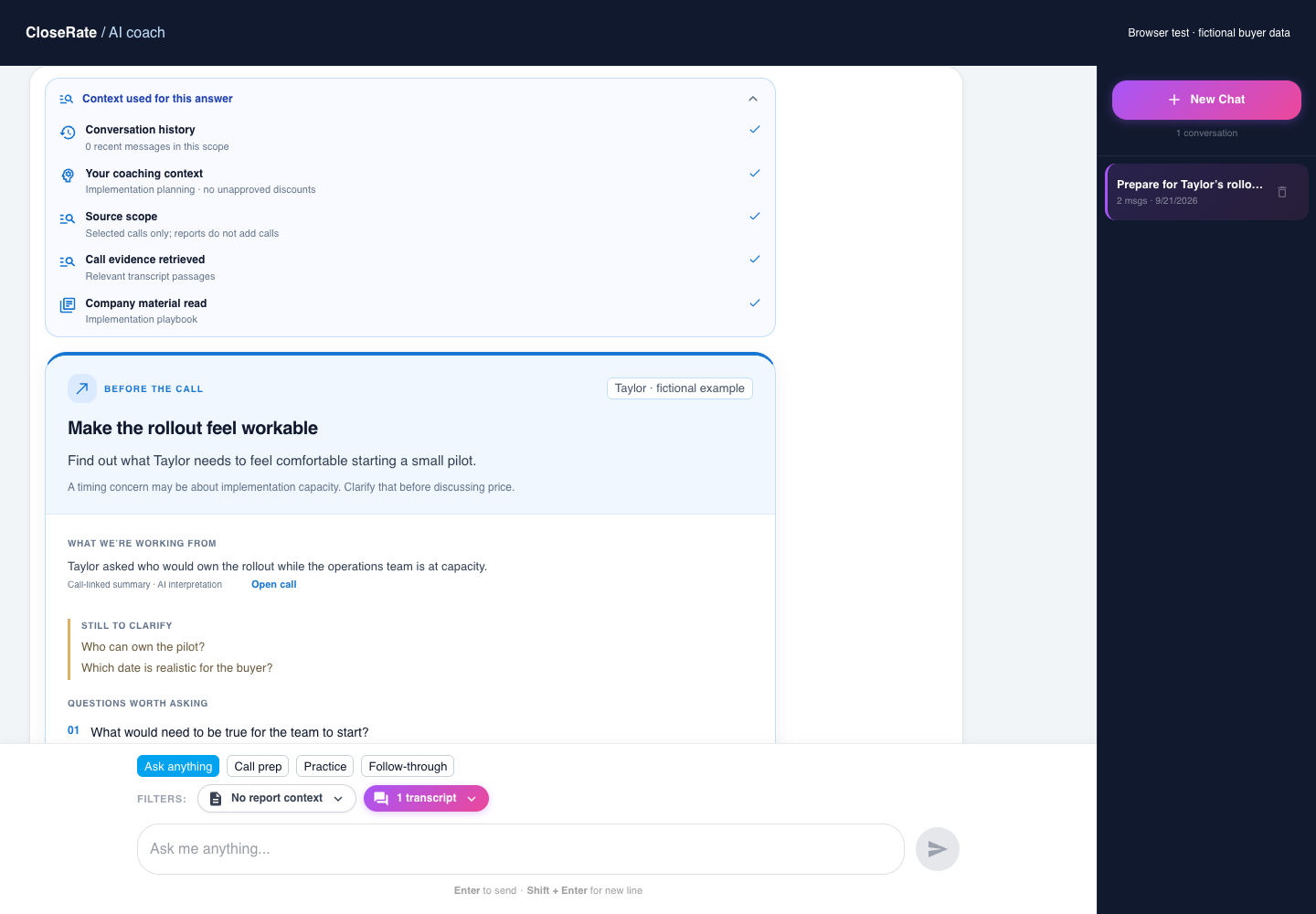 Expanded context receipt with separate history, rep context, transcript and company-playbook operations above a call-preparation card.