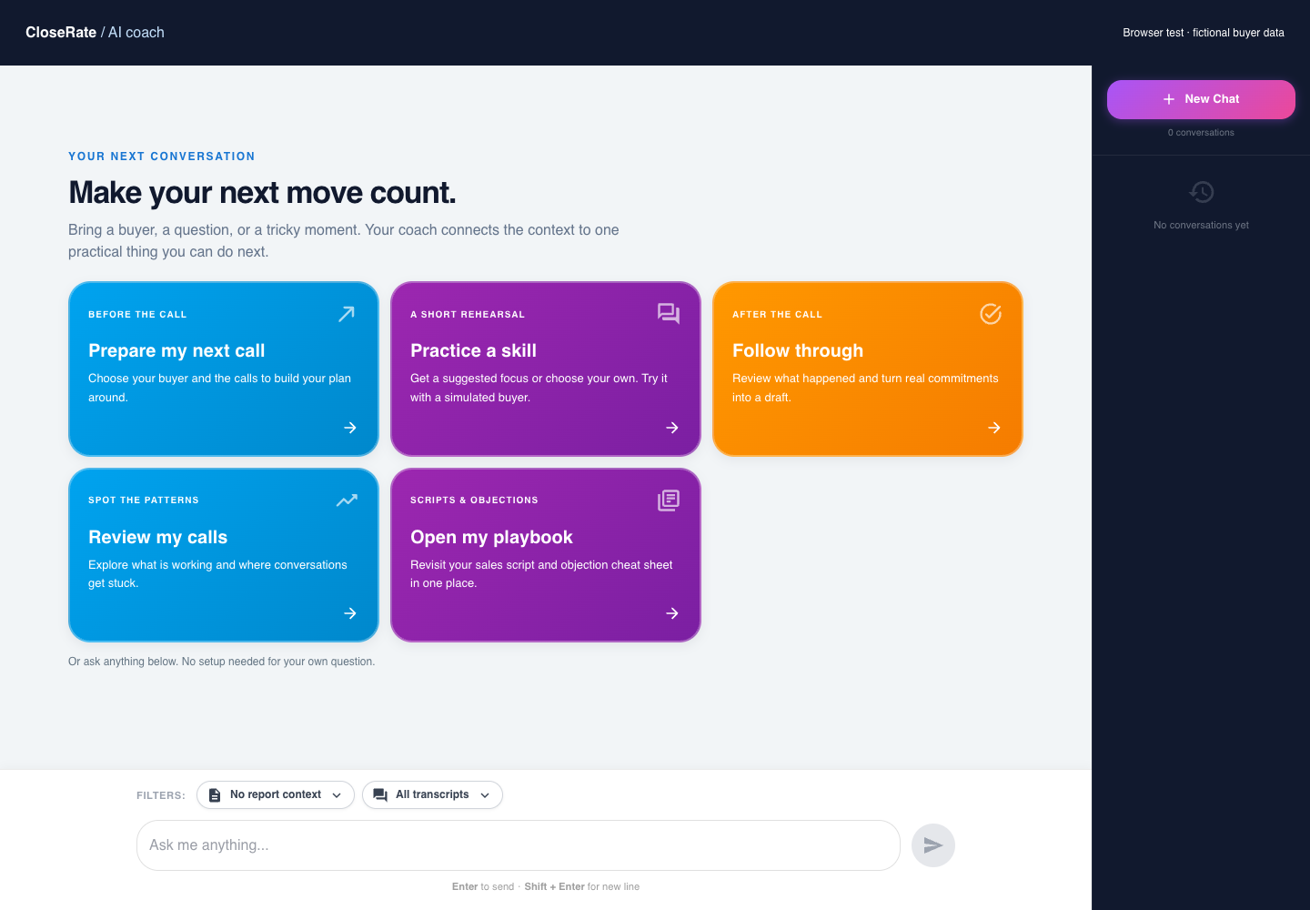 Close-Rate AI coach with five consolidated actions: prepare a call, practice a skill, follow through, review calls, and open the playbook.